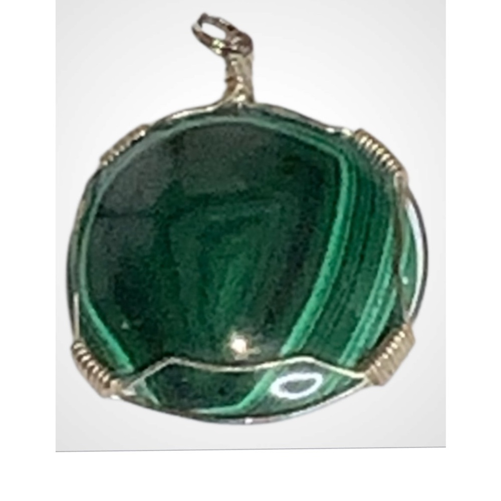 Malachite Pendent Wrapped In Silver Wire ~ 1.5”